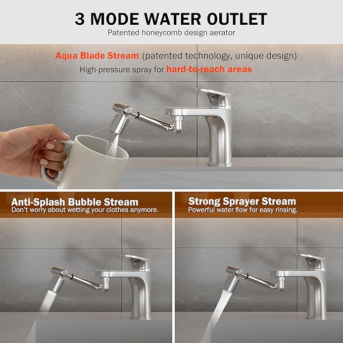 Frizzlife 1440° Swivel Faucet Extender Sink Aerator, 3-Mode Sprayer Water Filter Extension, 1080° Robotic Arm + 360° Rotating Universal Tap Attachment For Bathroom/Kitchen ＆ Washing Hair/Face/Kids Use