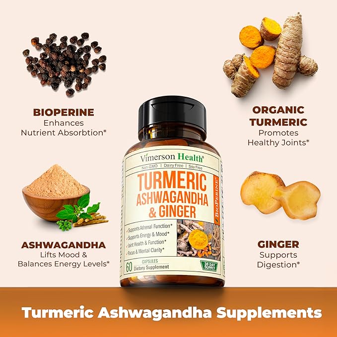 Turmeric Curcumin Ashwagandha Supplements - Turmeric Supplement & Curcumin with Black Pepper (95% Curcuminoids), Organic Tumeric and Ginger for Max Joint Support, Healthy Energy & Mood. 60 Capsules