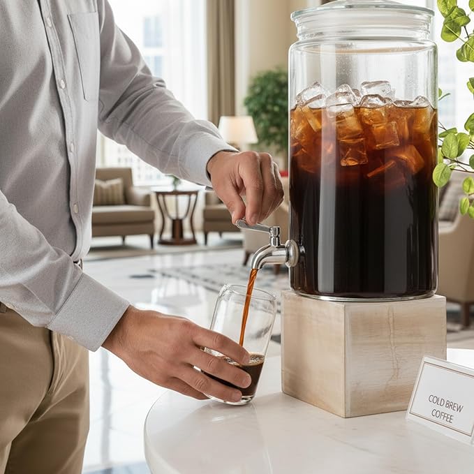 2 Gallon Glass Drink Dispenser with Spout for Parties - Tall Airtight Mason Style Beverage Serveware Stand with Metal Spigot for Kombucha, Water, Juice, Punch, Cocktails, Ice Tea & Sun Tea