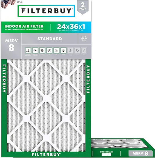 Filterbuy 24x36x1 Air Filter MERV 8 (MPR 700) Dust Defense Replacement (2-Pack), Electrostatic Pleated HVAC AC Furnace Filters, Made in USA (Actual Size: 23.50 x 35.50 x 0.75)
