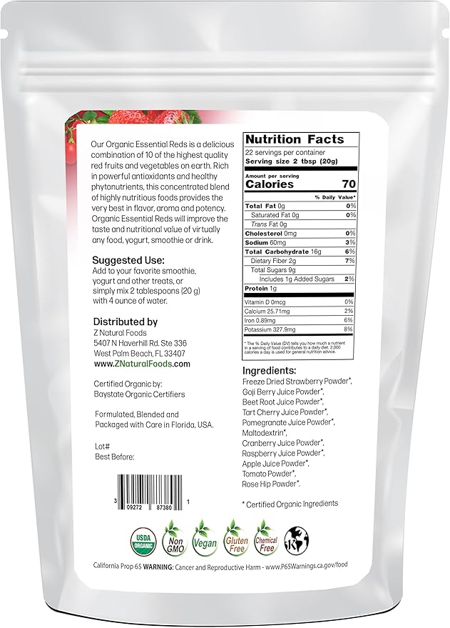 Z Natural Foods Organic Essential Reds, Organic Juice Powder, Super Blend of 10 Red Fruits and Vegetables, Superfood Smoothie Powder, Non-GMO, Vegan, 1 lb