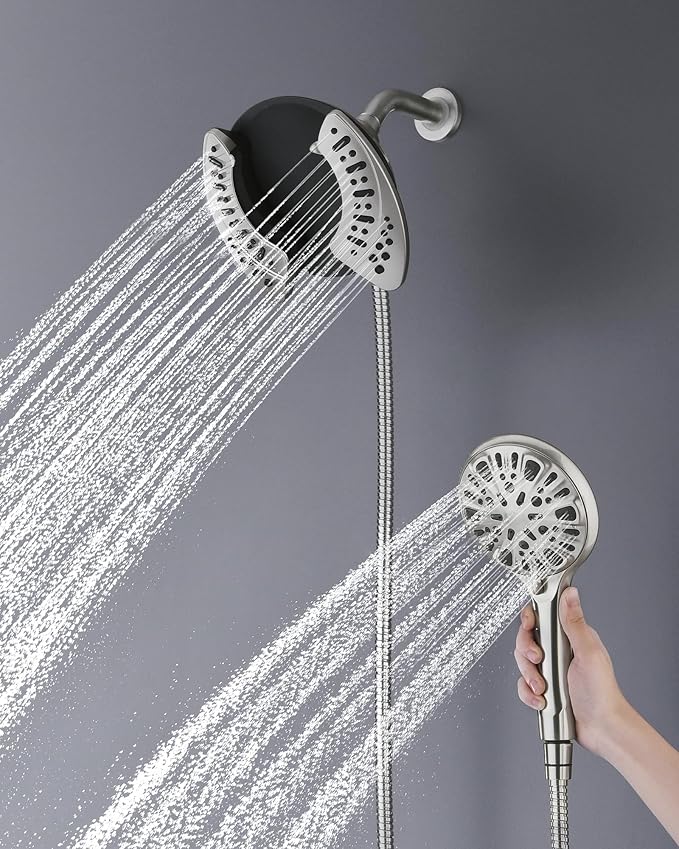 2-in-1 Shower Head with Handheld Combo: Rainfall Shower Head & Detachable Shower Head Use Together or Alone, 9 Spray Settings Showerhead with Hose Nickel, Shower Trim Systems