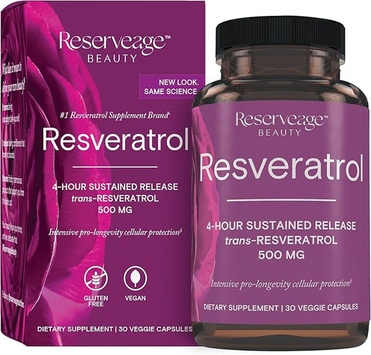Reserveage Beauty, Resveratrol 500 mg, Antioxidant Supplement for Heart and Cellular Health, Supports Healthy Aging and Immune System, Paleo, Keto, 30 Capsules