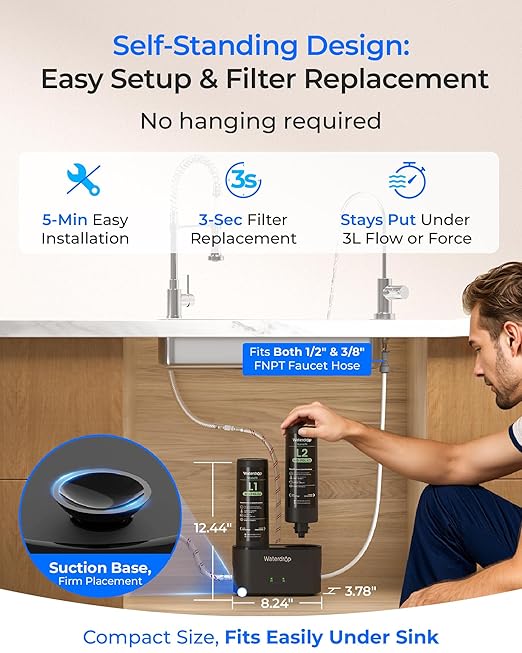 Waterdrop DLG-L Under Sink Water Filter System, 𝐈𝐧𝐧𝐨𝐯𝐚𝐭𝐢𝐯𝐞 𝐃𝐮𝐚𝐥 𝐅𝐢𝐥𝐭𝐞𝐫𝐞𝐝 𝐅𝐥𝐨𝐰𝐬, Reduces Lead Chlorine Chloramine Bad Taste, with Separate Faucet, Life Indicator