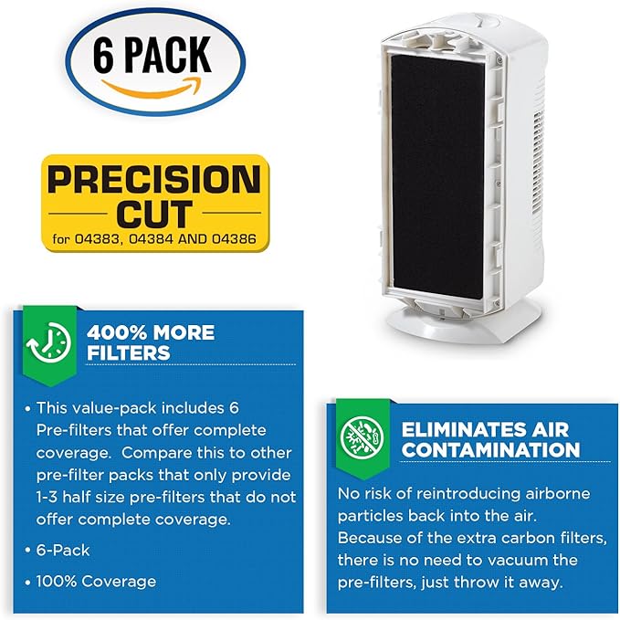 VEVA Pre-Filter Replacement Compatible with Hamilton Beach 04383, 04384, 04386 Air Purifier - 6 Pack - Smoke and Odor Eliminator Carbon Filters