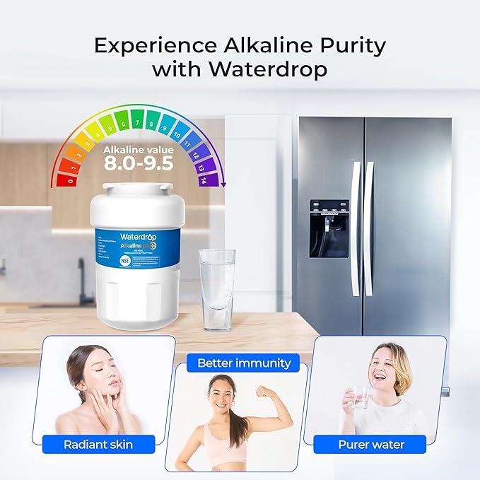Waterdrop 𝐀𝐥𝐤𝐚𝐥𝐢𝐧𝐞 WD-F13 Replacement for GE® MWF®, SmartWater® MWFP, MWFINT, MWFA, GWF, HDX FMG-1, GSE25GSHECSS, WFC1201, RWF1060, 𝐄𝐧𝐡𝐚𝐧𝐜𝐞𝐬 𝐩𝐇 Refrigerator Water Filter