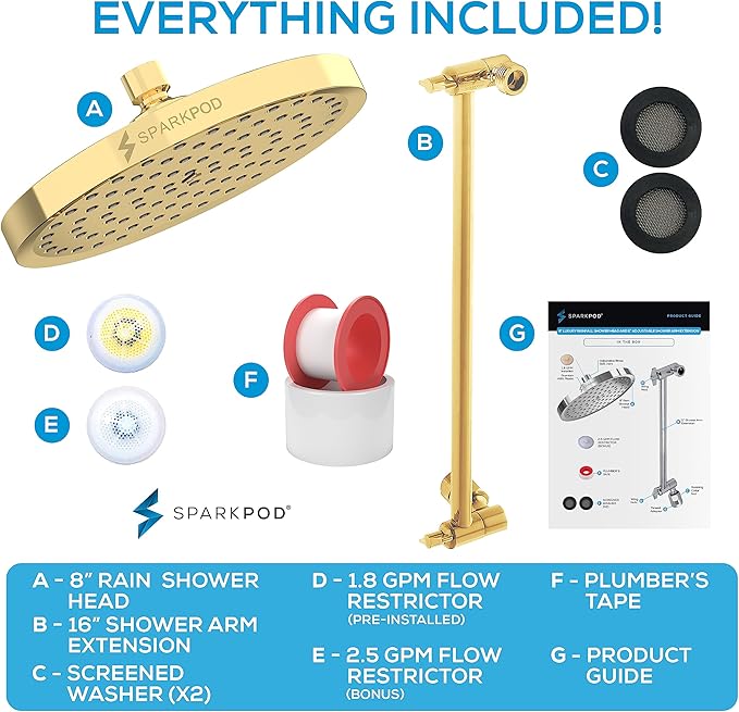 SparkPod Round Rain Shower Head with Extension Arm - Height Adjustable Shower Head with High Pressure Performance - Easy 1-Minute Installation (16" Arm Extension, Egyptian Gold)