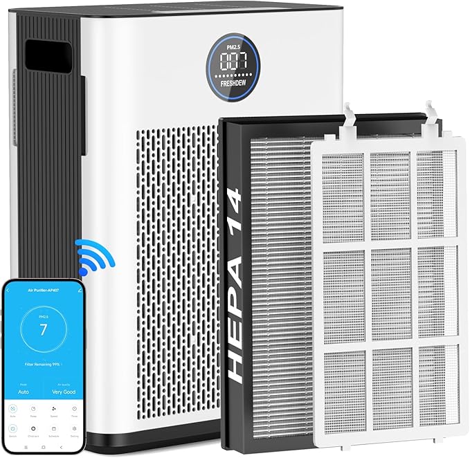 Air Purifier,FREHSDEW Smart WiFi Air Purifiers for Home with H14 HEPA and Activated Carbon Filter, Removes 99.99% of Dust,Odors,Smoke,and Pet Hair Covers up to 2300 Sq.Ft, Quiet and Energy Efficient