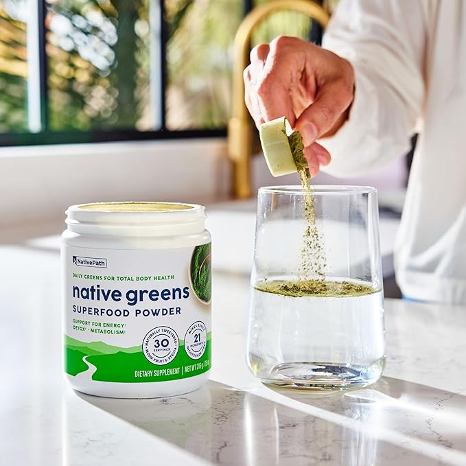 NativePath Native Greens Superfood Powder – Organic Greens, Spirulina, Beet Root Powder, Digestive Enzymes, Probiotics, Nightshade-Free, Naturally Sweetened, 30 Servings