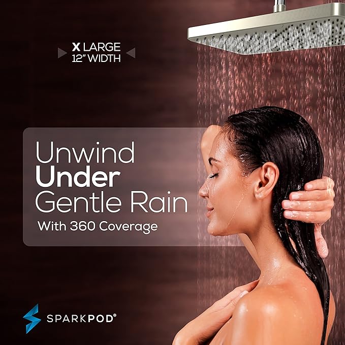 SparkPod 12 Inch Rectangle Rain Shower Head - Ceiling or Wall Mount Rainfall Shower Head - Large Coverage Showerhead - Brass Ball Joint with 360° Adjustment - 1-Min Install (Elegant Brushed Nickel)