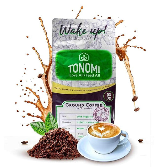 Tonomi Wake Up! Light Roast Ground Coffee - All Natural Blend with Hint of Vanilla, Chocolate & Caramel - Coarse Grounds for Cold Brew or Traditional Brewing - Caffeine Packed, 32oz