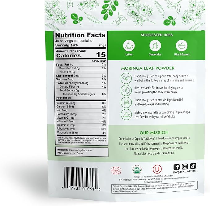 Organic Traditions Organic Moringa Powder Organic Moringa Leaves Extract Vegan Non-GMO Organic Superfood Natural Moringa Supplement, 7oz (200g) Bag, 40 Servings per Bag