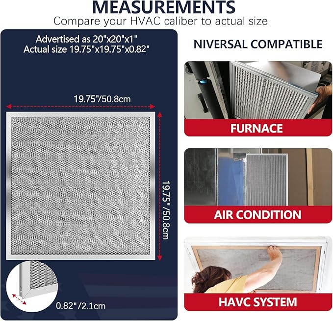 20x20x1 Air Filter for Home, MERV 8 Reusable Electrostatic Aluminum AC/HVAC Furnace Filter, Washable Permanent Air Filter, Easy to Clean, Healthier Home/Office(Actual Size:19.75x19.75x0.82)