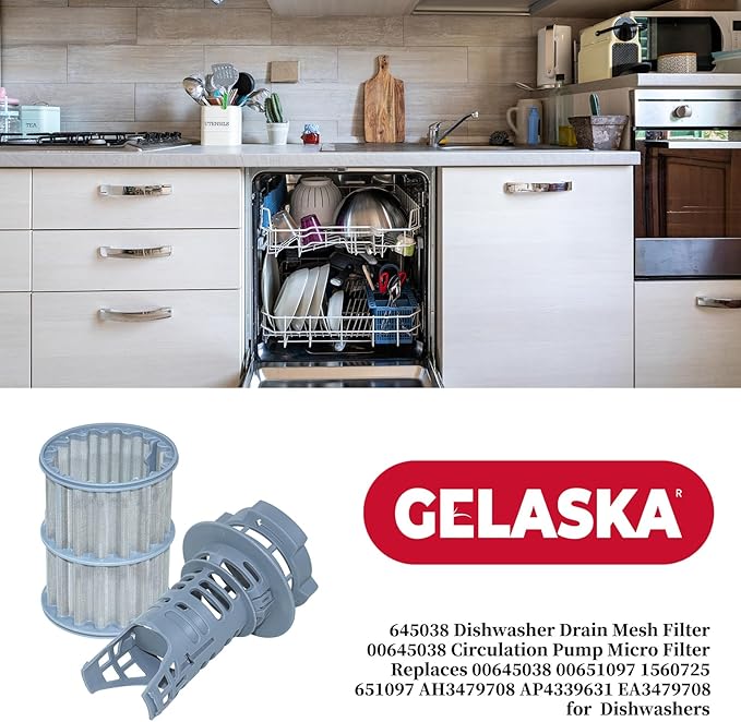 GELASKA Dishwasher Micro Filter Replaces 00645038, 00651097, 645038, 651097, AP4339631, 1560725, AH3479708, EA3479708, PS3479708, Grey, 1 Pack