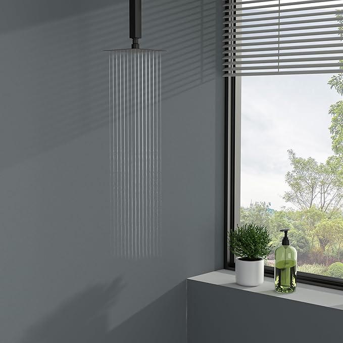 Lordear Black Shower Head 6 Inch Rainfall Black Shower Head Square Solid Ultra Thin 304 Stainless Steel Fixed Rain Shower Head with Self Cleaning Nozzles
