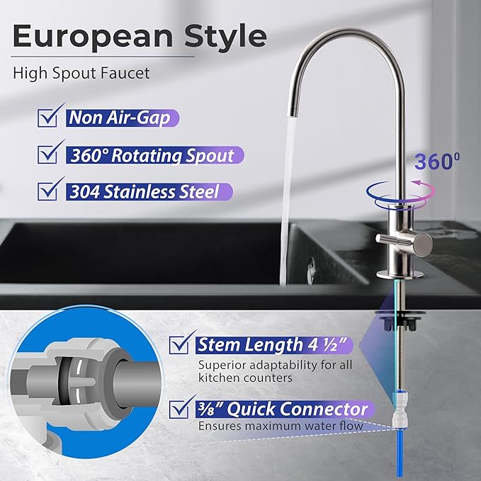 iSpring GA3-BN Drinking Water Faucet for Kitchen Sink with 3/8" Connector, Heavy Duty Lead-Free Reverse Osmosis Faucet for RO System, Non-Air Gap 100% Stainless Steel RO Faucet, Brushed Nickel Finish