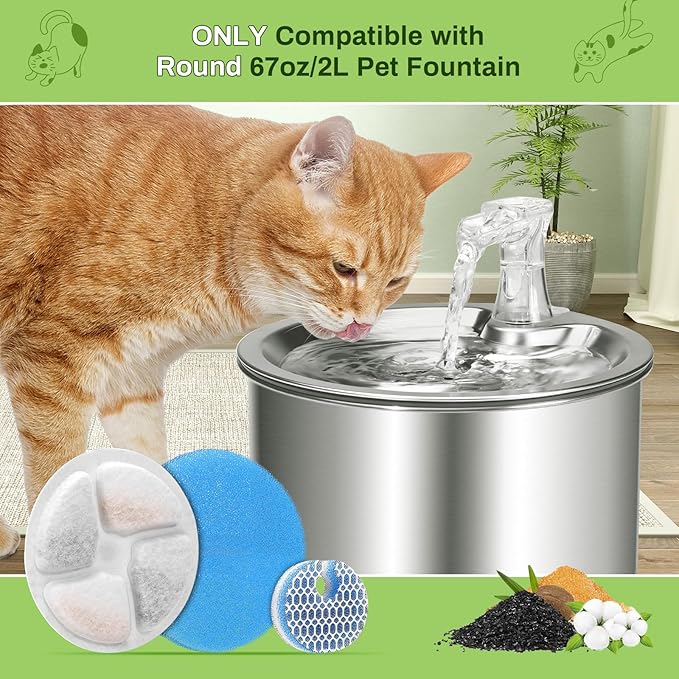 10 Pack Cat Fountain Filter Replacement for Round 2.2L/73oz Automatic Pet Water Fountain, Stainless Steel Cat Water Fountain Filters, Triple Filtration System, Activated Carbon Filters