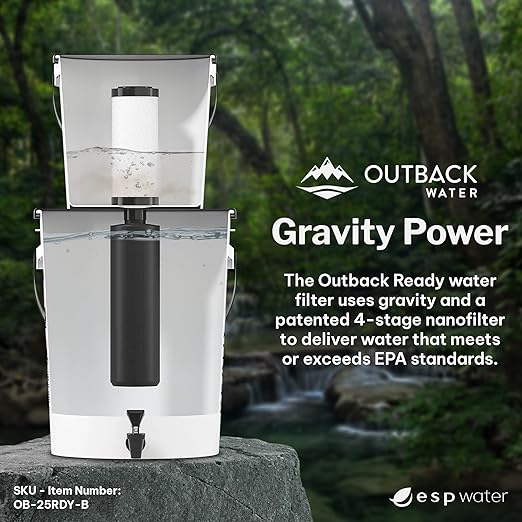 Outback Water Emergency Drinking Water Filter System with Extra Filter Replacement Kit - Gravity Fed Bucket Water Filtration for Survival, Off-Grid, Disaster Preparedness, Travel, Camping, Bug Out Kit