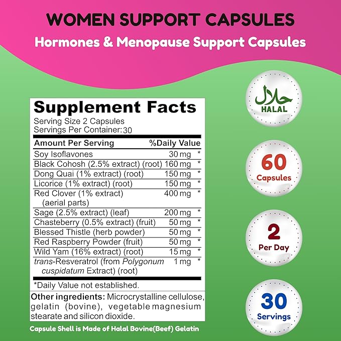 Hormones Balance & Menopause Supplements for Women, Menopause Relief - Support for Hot Flashes, Mood Swings w/Black Cohosh & Red Clover Halal Vitamins, 30 Servings