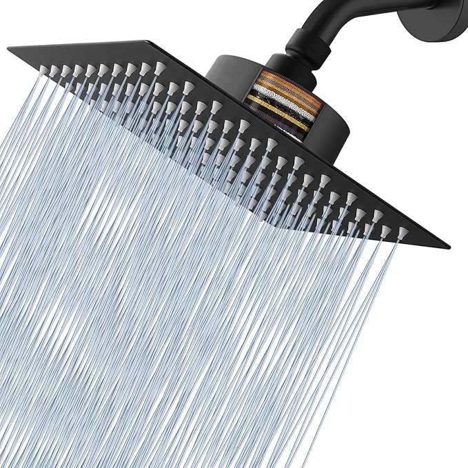 Voolan Rain Shower Head with Filtered - High Flow Large Rainfall Shower Heads Made of Stainless Steel - Waterfall Showerhead Filter For Hard Water(8" Matte Black)