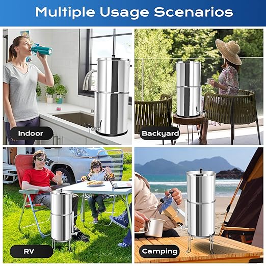 Gravity-fed Water Filter System, NSF/ANSI 372 Certification, 304 Stainless Steel Water Purifier System with Sight Glass Spigot, 2 Water Filters and Stand, Refreshing Water at Home, Camping,2.25 Gallon