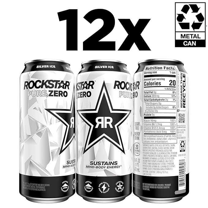 Rockstar Pure Zero Energy Drink, Silver Ice, 0 Sugar, with Caffeine and Taurine, 16oz Cans (Pack of 12) (Packaging May Vary)