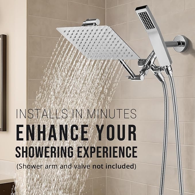 G-Promise All Metal 8 Inch Dual Square Shower Head with Handheld Spray Combo, Rain Shower Head, Adjustable Extension Arm, Smooth 3-Way Diverter, 71 Inch Extra Long Hose - A Bathroom Upgrade (Chrome)