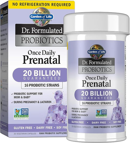 Garden of Life Dr. Formulated Probiotics Once Daily Prenatal - Acidophilus and Bifidobacteria Probiotic Support for Mom and Baby – Shelf Stable - Gluten, Dairy, and Soy-Free - 30 Vegetarian Capsules