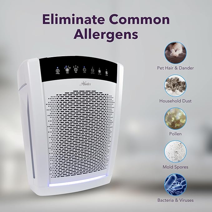 Hunter HP850 Air Purifiers for Home Large Room and Bedroom. True HEPA Air Purifier for Pets, Odors, Allergens, Smoke, Dust. UV Value Bundle w/Extra Filter, Cleans 2585 Ft² per hour. White