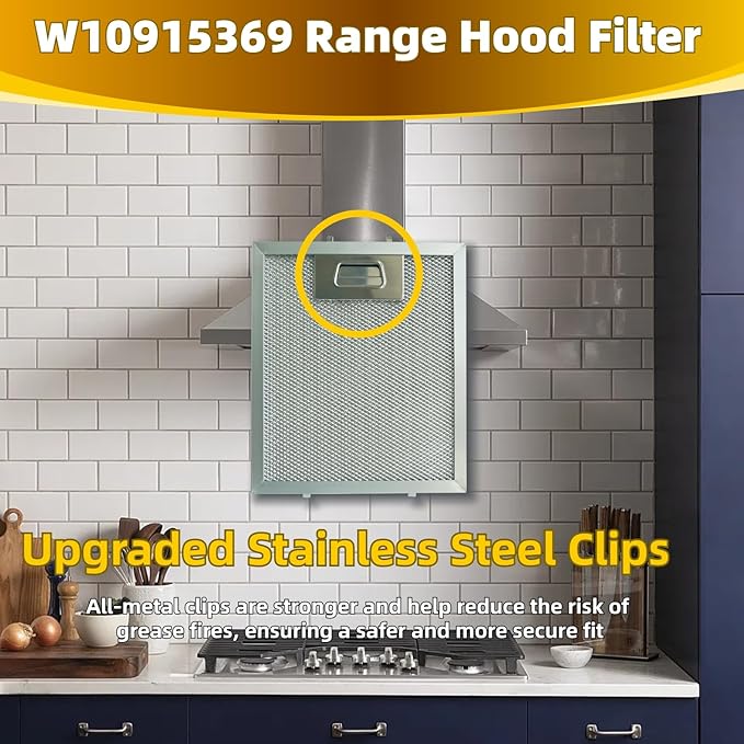 2Pcs W10915369 Range Hood Grease Filter Mesh Grease Vent Filter 5-Layer Aluminum Mesh 8.75 X 7.5 Inch Upgraded Stainless Steel Clips