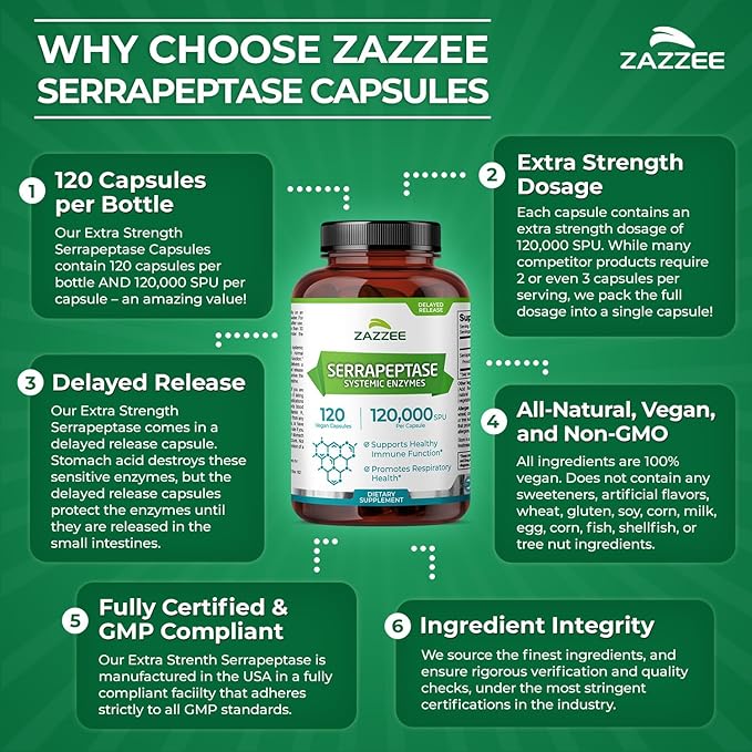 Zazzee Delayed Release Serrapeptase, 120,000 SPU per Capsule, 120 Vegan Capsules, 4 Month Supply, Extra Strength, Potent and Concentrated Systemic Enzymes, 100% Vegetarian, All-Natural and Non-GMO