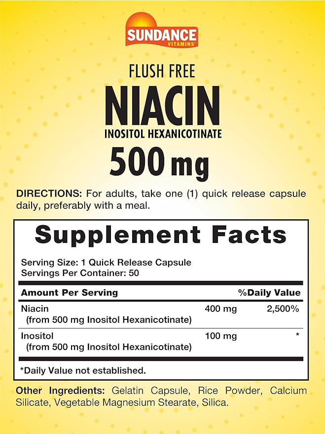 Sundance Flush Free Niacin 500 mg | 50 Capsules | Inositol Hexanicotinate | Essential Vitamin | Non-GMO & Gluten Free Supplement