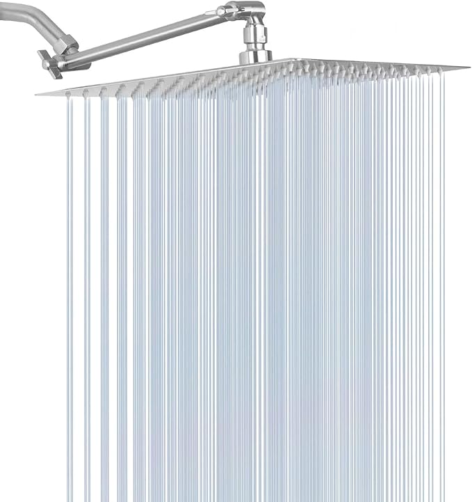 HarJue High Pressure Large Stainless Steel Square Rain ShowerHead With Shower Arm Waterfall Full Body Coverage Easy to Clean and Install (12 Inch With Arm, Brushed Nickel)