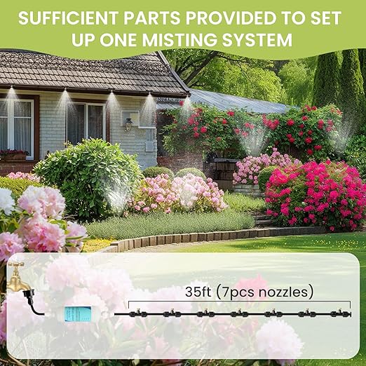 35FT Mister for Outside Patio Misting Cooling System, 35FT (11M) Misting Line+7 Brass Mist Nozzles+Water Filter, Outdoor Mister System for Garden Greenhouse Trampoline Waterparke