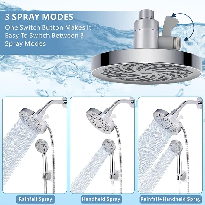Rain Shower Head with Handheld, High Pressure Rainfall Showerhead and 3 Settings Hand held Spray Combo with Detachable Hose (Chrome)