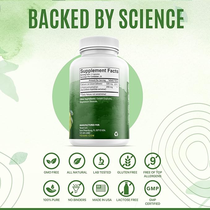 100% Pure 5-HTP Formula with Calcium for Mood, Stress, and Sleep Supplement for Adults - Neurotransmitter Support - 5-Hydroxytryptophan - 60 Capsules, 30 Servings
