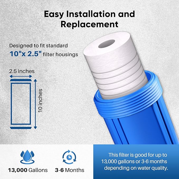 PUREPLUS 5 Micron 10" x 2.5" Whole House Sediment Home Water Filter, Grooved Sediment Replacement Cartridge for Any 10 inch RO Unit,AO-WH-PREV-R2, Aqua-Pure AP110, Aquaboon AB-SGR5M, GE GXWH20S, 2Pack