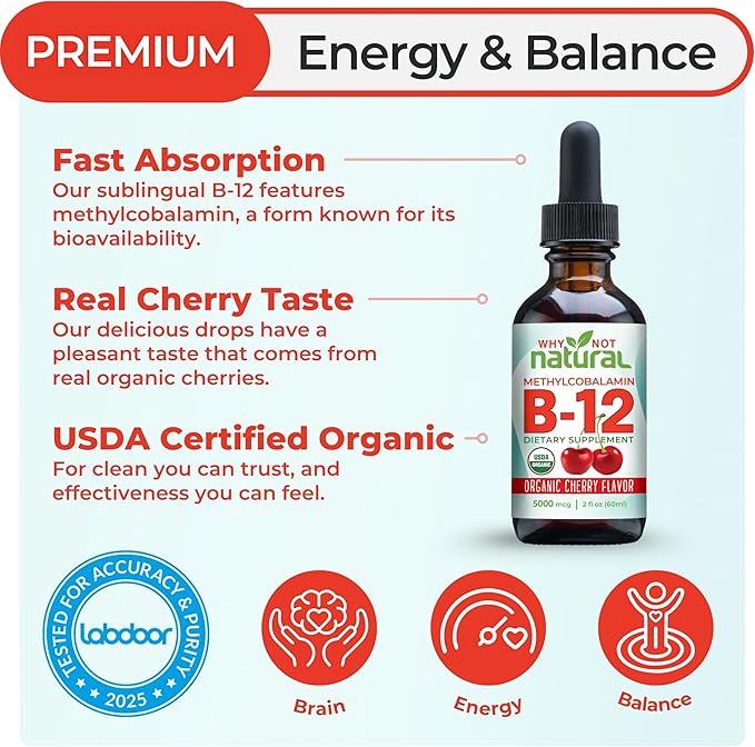 Why Not Natural Organic Vitamin B12 Liquid - Sublingual Extra Strength 60 x 5000 mcg Methylcobalamin Drops, Vegan, Maximize Absorption and Energy