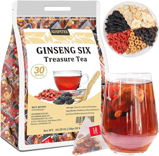 Ginseng Six Treasures Tea Kidney Detox,30Bags/10.58Oz,Traditional Chinese Tea,Natural Kidney Cleanse Herbal Tea for Men Women,6 Precious Ingredients Formula