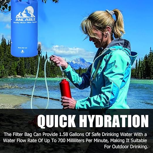 Gravity Water Filter Straw, 1.5 Gal Camping Water Filtration System with 1L Hiking Collapsible Water Bottles and Water Filter Straw for Travel, Backpacking, Emergency Preparedness, Blue