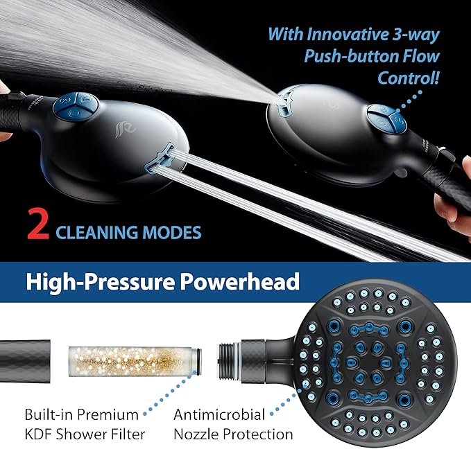 AquaCare 4X High Pressure 10-mode Filter Handheld Shower Head with Dual Power Wash - Clean Tub, Tile & Pets, Remove Chlorine, Metals & Toxins from Water to Protect Skin, Hair & Nails. Matte Black