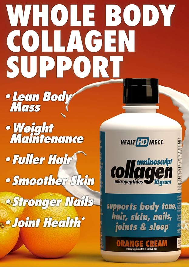 HEALTH DIRECT – AminoSculpt Liquid Collagen Micropeptides – 28 FL Oz – 28 Servings – 10 Grams of Premium Medical-Grade Liquid Collagen for Women – Orange Cream