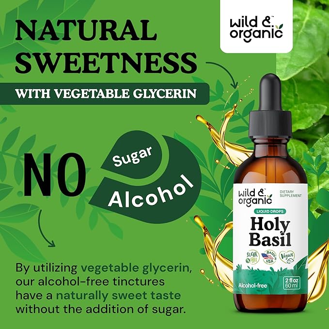 Wild & Organic Holy Basil Leaf Tincture - Relaxation, Calmness, Mood Support - Tulsi Holy Basil Supplement - Vegan, Sugar & Alcohol-Free Herb Extract Drops - 2 fl oz