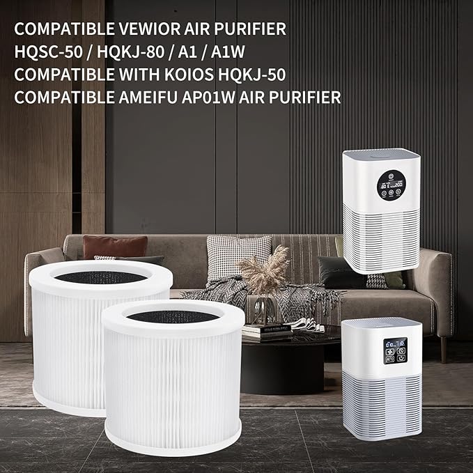 2Pcs A1 Replacement Filter Compatible with VEWIOR Air Purifier HQSC-50, HQKJ-80, A1W, AMEIFU AP01W, KOIOS HQKJ-50 Air Purifier, 3-in-1 H13 True HEPA Air Cleaner Filter