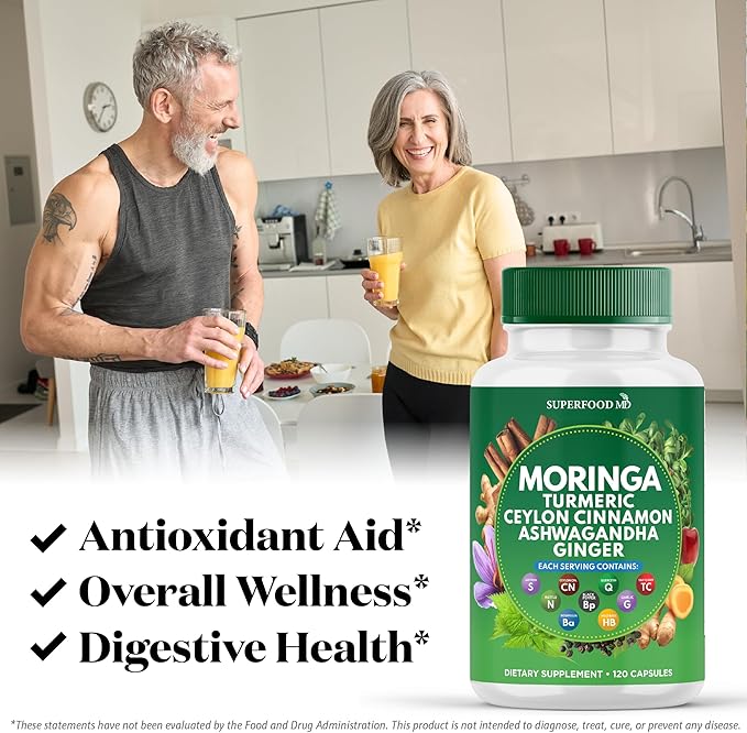 Moringa Supplement | Turmeric, Ginger, Boswellia, Saffron, Holy Basil, Nettle -Support Supplement for Women and Men with Ceylon Cinnamon, Quercetin, Tart Cherry- 120 Capsules