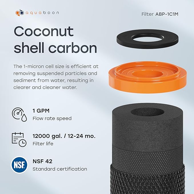 Aquaboon Premium 1 Micron Carbon Block Water Filter 10" x 2.5" – 6-Pack CTO Whole House Filters for Countertop & Under Sink Systems, Compatible with FXWTC