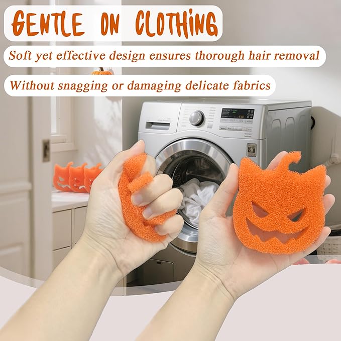 NewKe 6 Pack Halloween Pet Hair Remover for Laundry, Reusable Pet Hair Catcher Lint Remover, Washing Machine Hair Catcher, Washing Dryer Pads for Clothing Dog Cat Pet Fur Remover-Cat Head Pumpkin