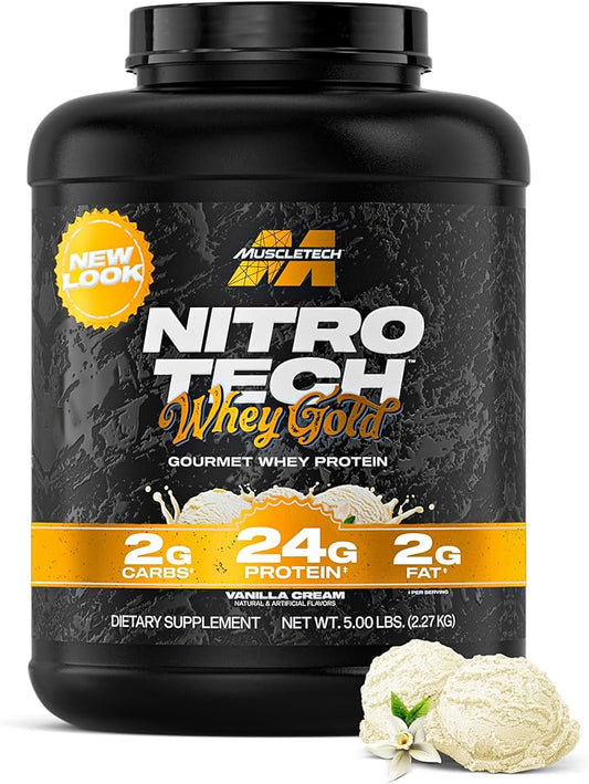Muscletech Whey Protein Powder (French Vanilla Cream, 5LB) - Nitro-Tech Whey Protein Isolate Smoothie Mix for Lean Muscle & Recovery - 24g of Whey Gold Protein for Women & Men - Packaging May Vary