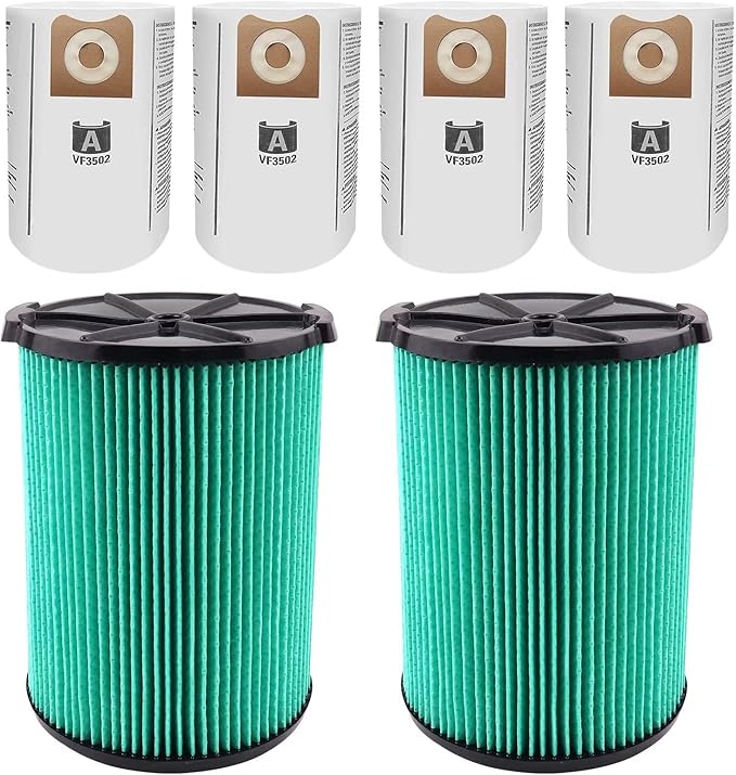 VF6000 Filter for Ridgid Shop Vac 5-20 Gallon Wet Dry Vacuums, 5-Layer HEPA Filter Fits WD5500 WD0671 WD6425 WD7000 (2 Pack VF6000 Filters + 4 Pack VF3502 Bags)