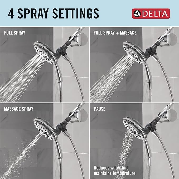Delta Faucet 4-Setting In2ition 2-in-1 Dual Shower Head with Clarifi Standard Shower Filter Attachment and Filter, Chrome Shower Head with Filter, Filtered Shower Head, Chrome 7SF110B
